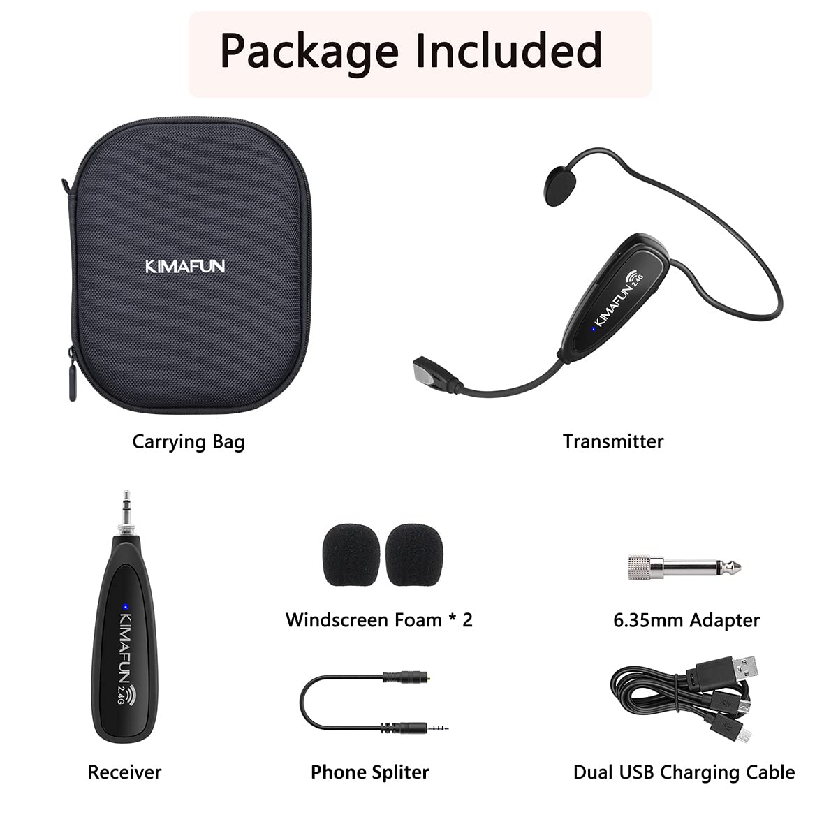 Wireless fitness microphone headset, KIMAFUN sweatproof waterproof headset microphone with rechargeable transmitter and pocket receiver for speakers, PA, smartphone, fitness trainers, yoga