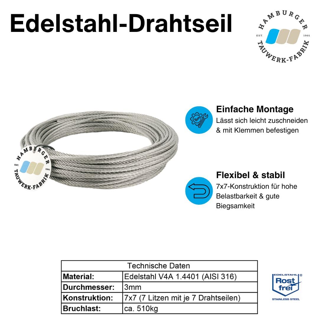 20 meters - 3mm stainless steel wire rope 7x7 V4A stainless steel wire rope railing rope.