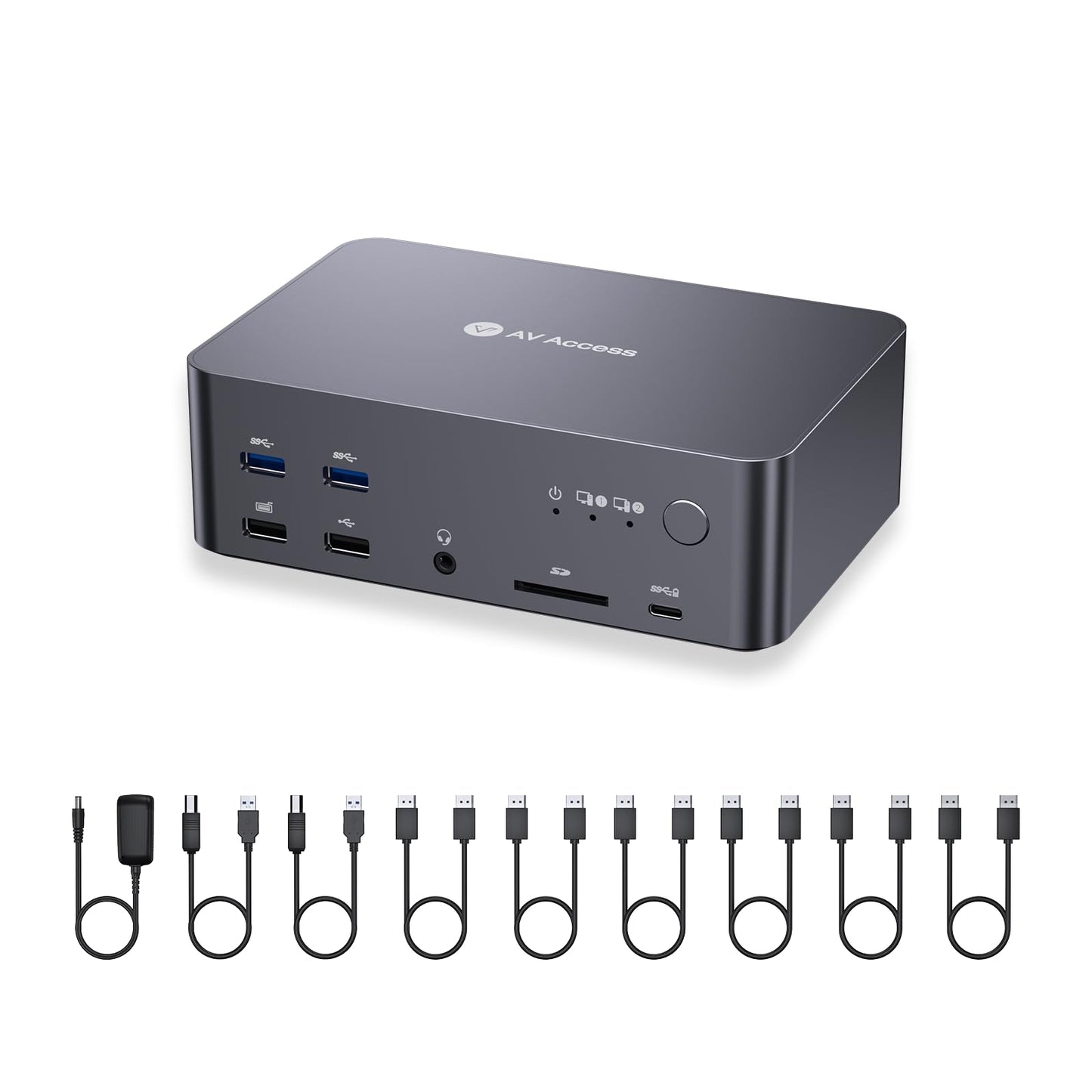AV Access KVM Switch for 2 PCs and 3 monitors with 8K@60Hz resolution. Includes 6 DP cables, DisplayPort 2.0, 1G Ethernet, USB 3.0, and docking station for 3 monitors. Supports 4K@165/144Hz and 2K@144Hz (Desktop only).