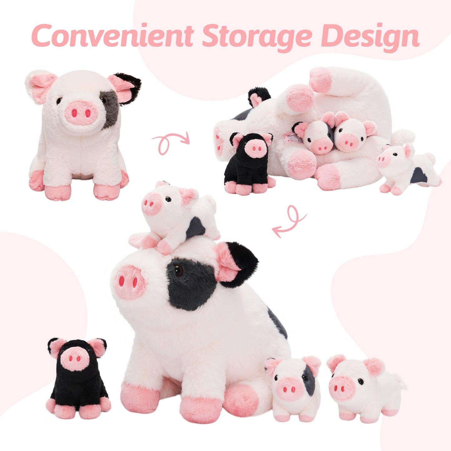 OUOZZZ 5 pieces pig plush toy, 23cm soft pig stuffed toy with 4 baby piglets inside - party birthday gift lucky pig decor for kids