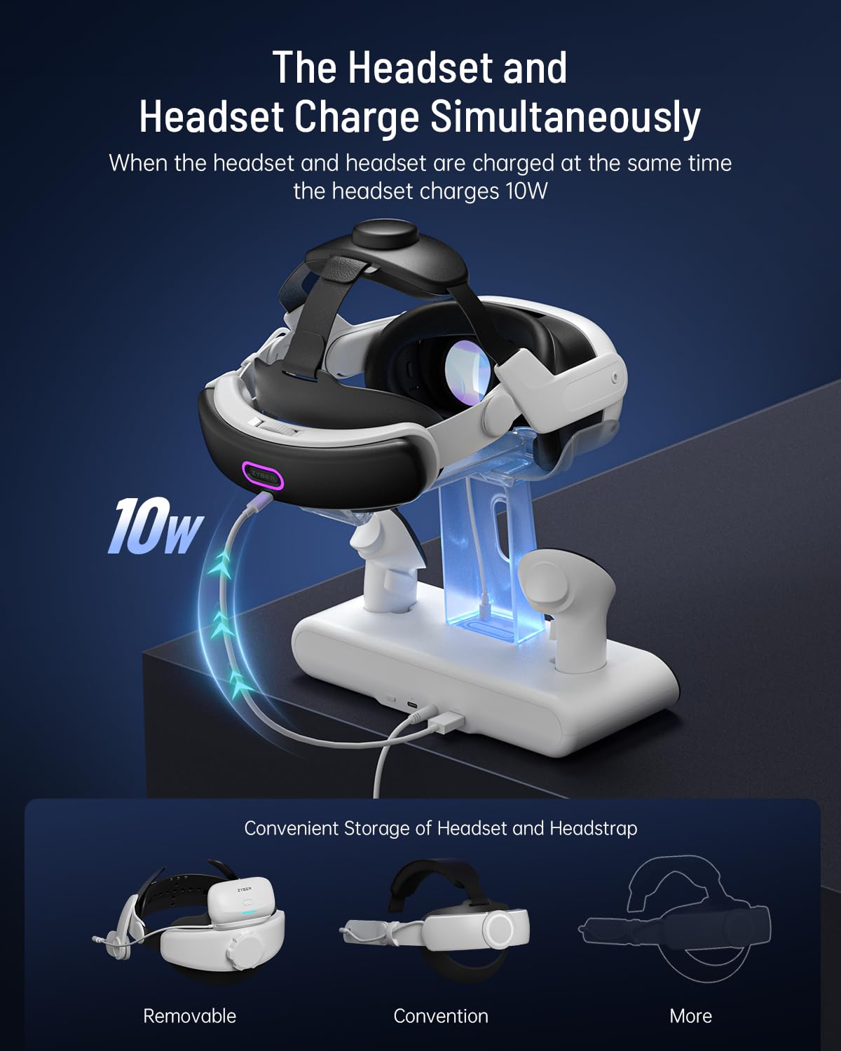 ZYBER RGB charging station for Meta Quest 3 accessories, fast charging dock with 2 rechargeable batteries for Oculus Quest 3, VR headset stand & controller holder
