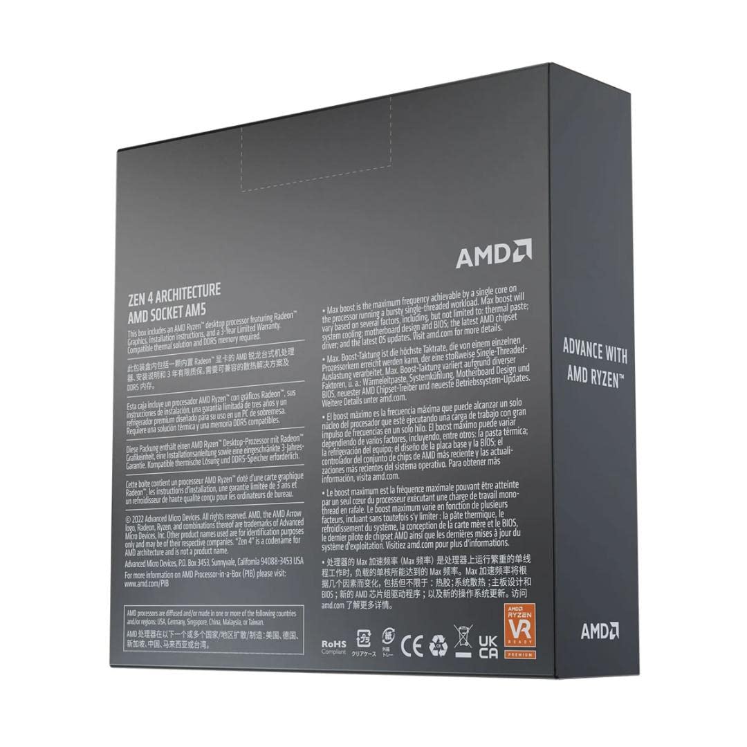 AMD Ryzen 5 7600X processor (integrated Radeon graphics, 6 cores/12 threads, 105W TDP, AM5 socket, 38MB cache, Up to 5.3 GHz max boost, No cooler)