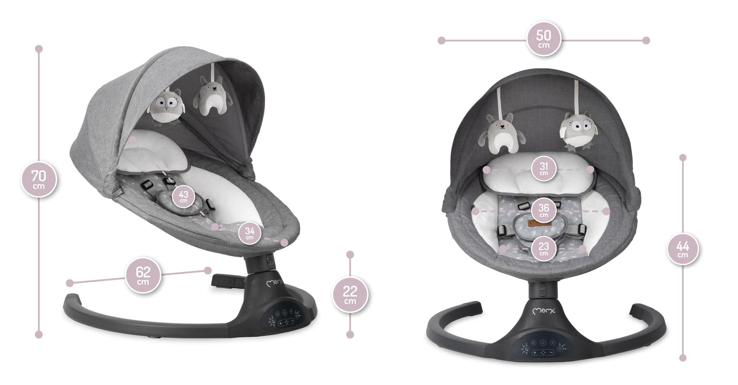 MoMi KENANI baby bouncer for children up to 9 kg, foldable, with remote control & Bluetooth for connecting to smartphone, battery or power connection, with 5-point safety harness, sunshade, insect net