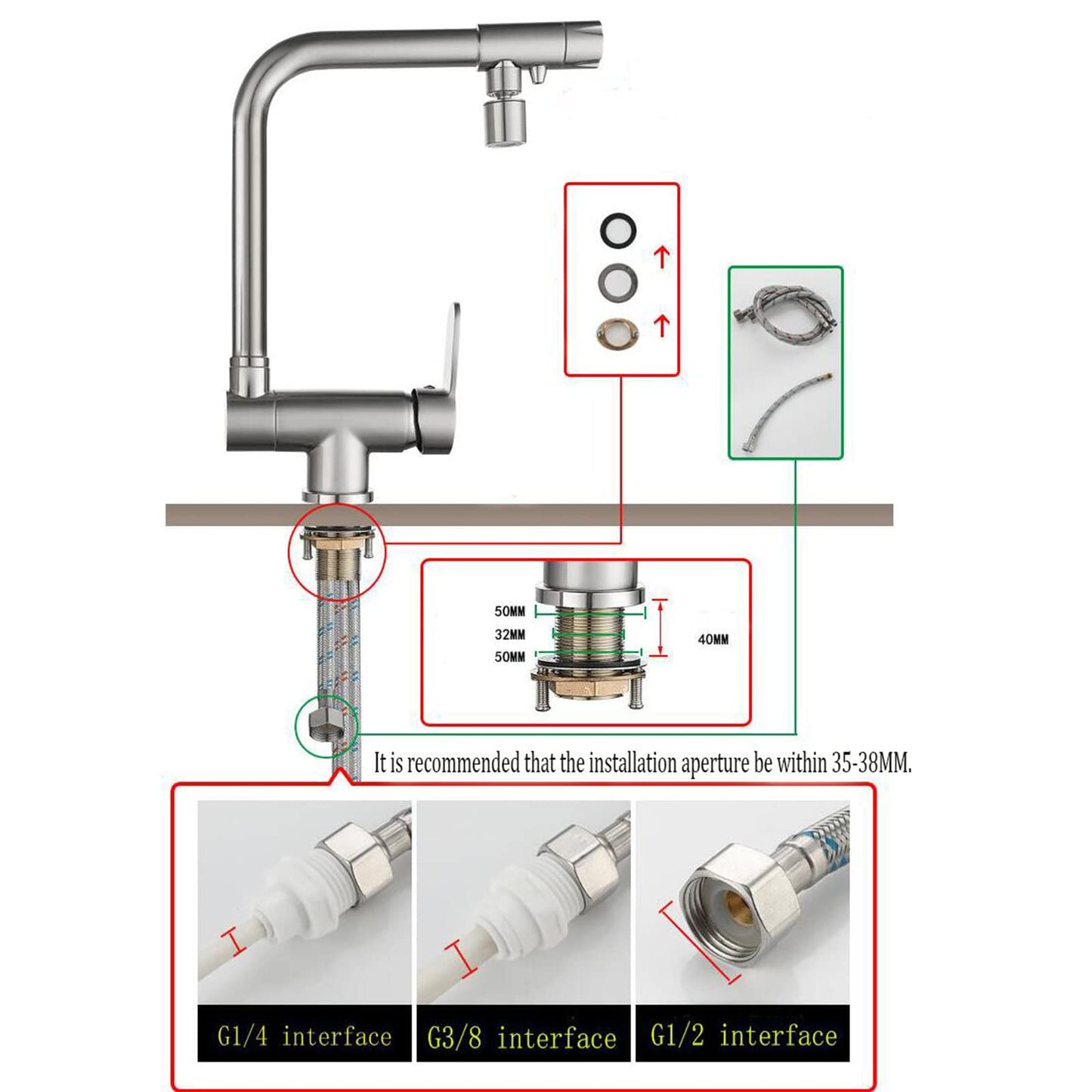 SJQKA-3 Way Kitchen Faucet, In-front-of-window Kitchen Tap, 360° Rotatable Kitchen Tap, 3 In 1 Mixing Faucet for Water Filter, Made of High Quality Brass (Brushed)