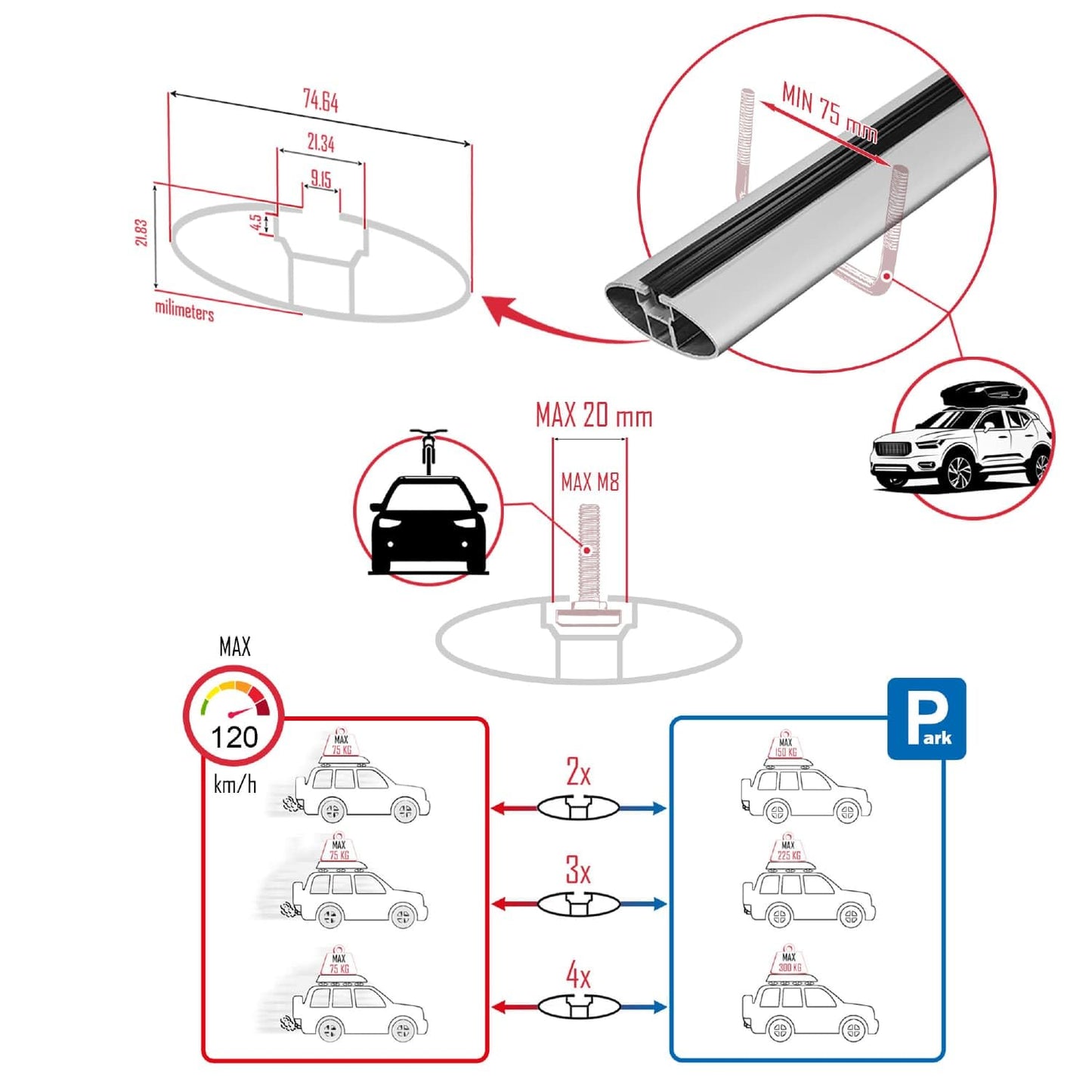 Alpine compatible with Ford Kuga 2 (C520) 2013-2019 ACE-1 Roof Rack Roof Rack Car Luggage Rack Gray Aluminum 2 Bars