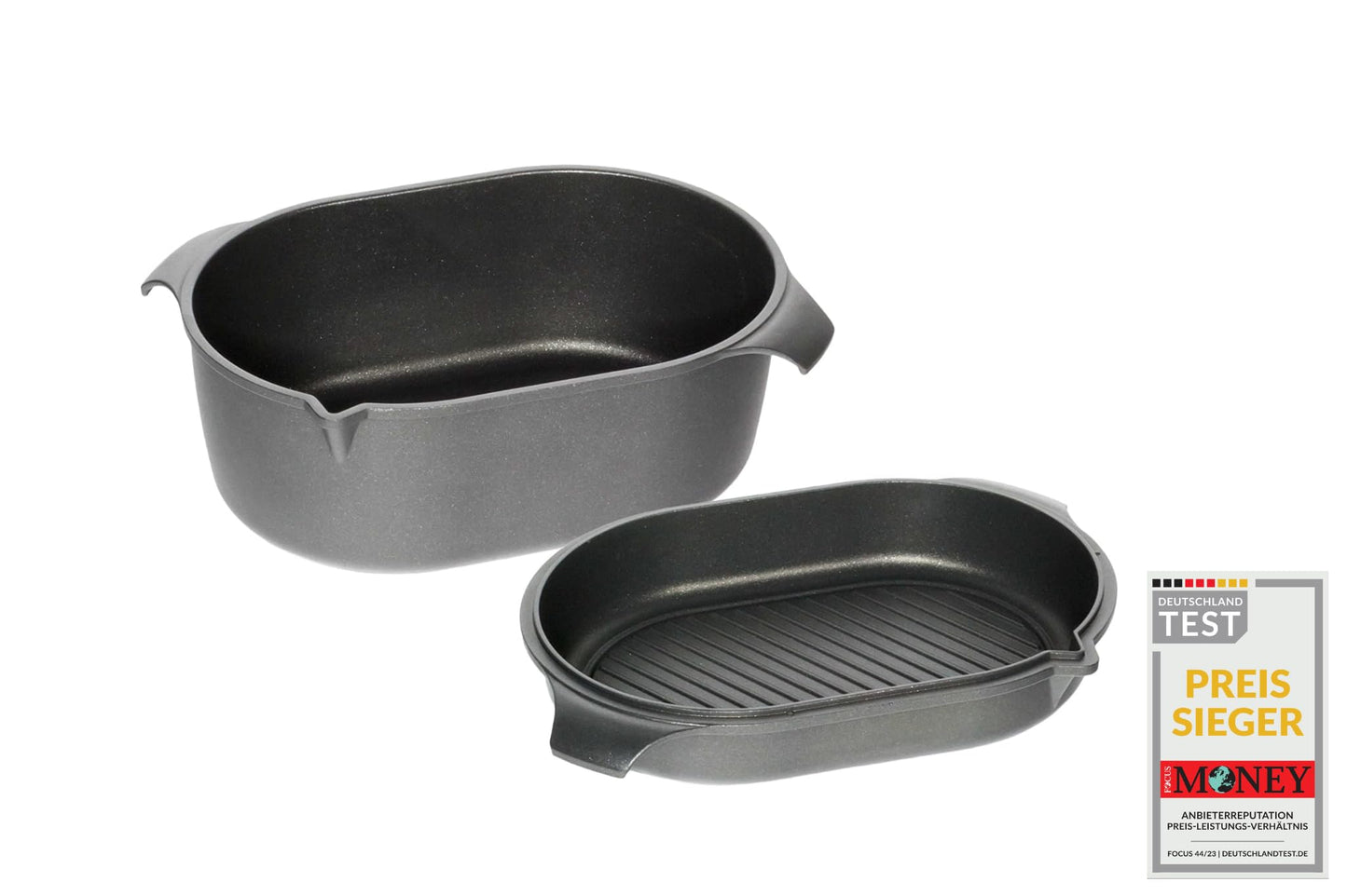 AMT Gastroguss Klaus grills German Oven Set, large version, 42x28 cm, German Oven Roaster/German Oven Cast Lid with grill base, cast aluminum, Lotan® non-stick coating, AMZN-KG-4228-Set