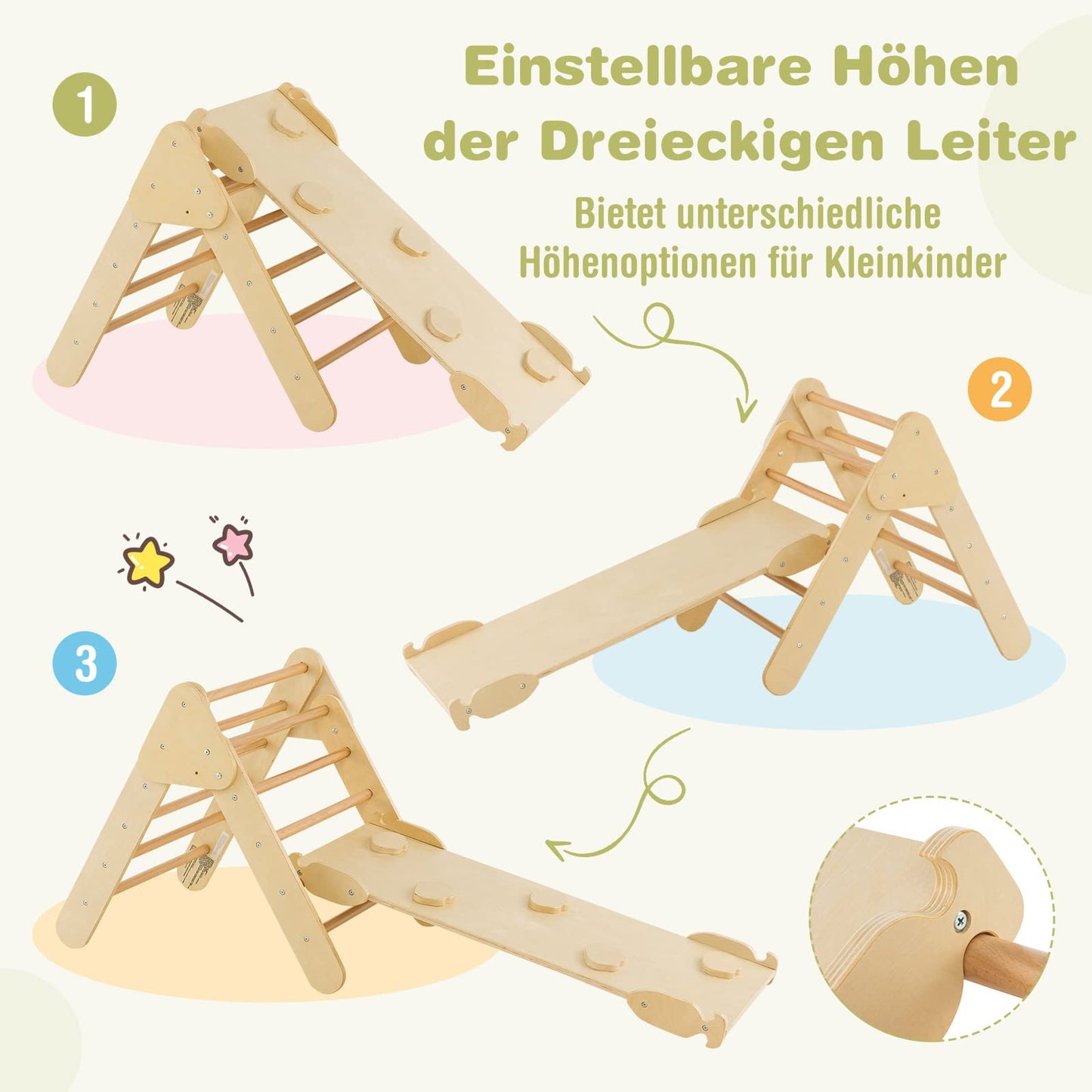 COSTWAY Climbing Triangle with Slide, Climbing Arch, including double-sided ramp, for climbing, sliding, and rocking, 4 in 1 climbing frame Indoor from 1 year (wood color)