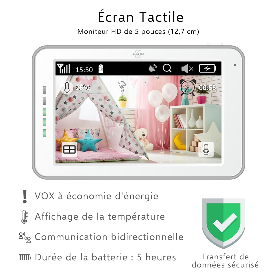 ELRO BC3000-2 Baby Monitor Royale with 12.7 cm touchscreen monitor HD and app with extra camera, 1 unit (1 pack)