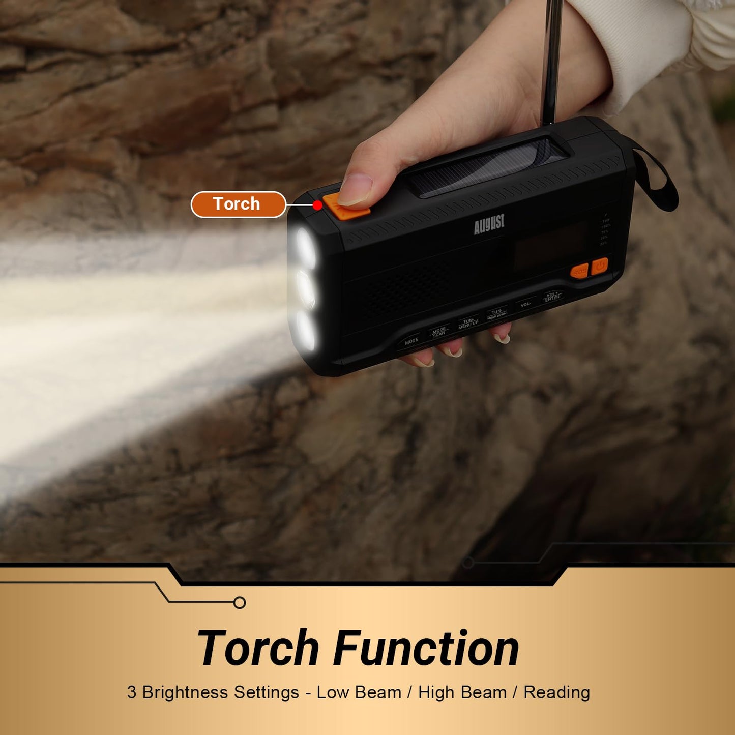 August MB290B Crank Radio DAB/FM/Bluetooth - Solar Radio 4500mAh Rechargeable Power Bank, 3 Modes LED Flashlight Sleep Timer SOS Alarm 3.5mm Emergency Radio with Hand Crank for Camping Hiking Camping.