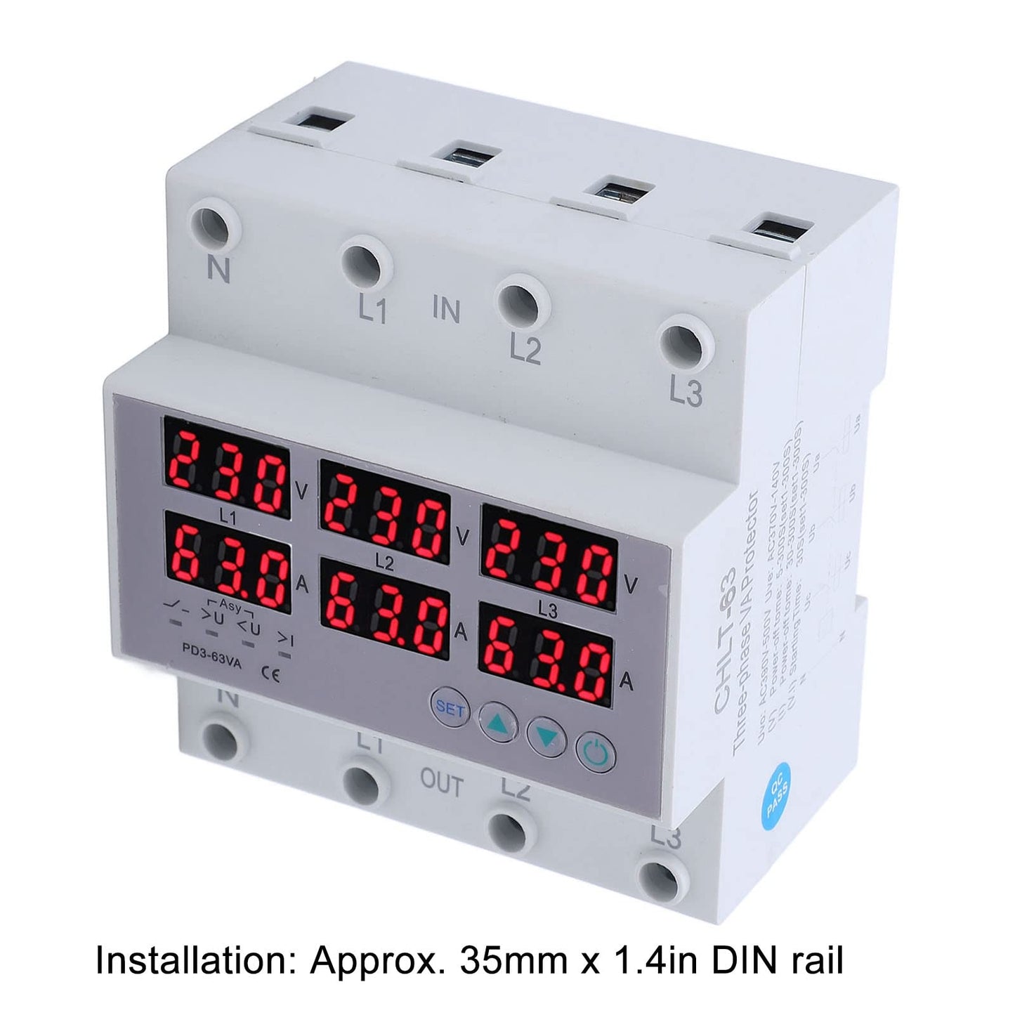 3-phase DIN rail voltmeter-ammeter multitester, AC 390-500V automatic overvoltage-overcurrent protection (63A)