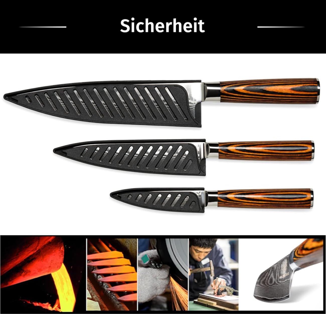 Wolfblood 3-piece Damascus Knife Set (32, 26, and 20cm) Professional kitchen knife set made of genuine 67-layer Damascus steel. Includes Chef's knife, Office knife, wooden handle, gift box, and blade guard.