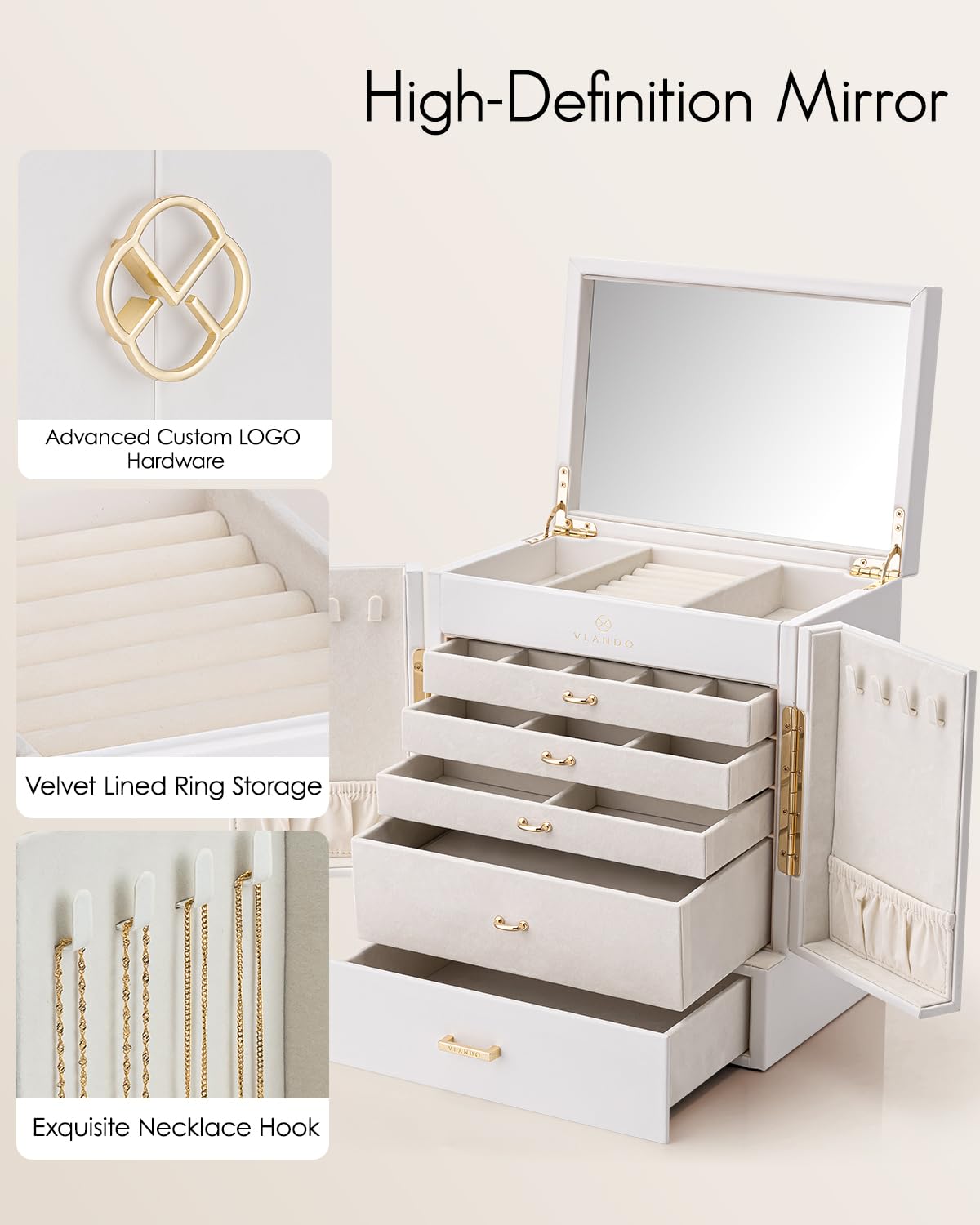 Vlando Jewelry Box Large, French Jewelry Box 6 Layers, Jewelry Organizers Large XXL with Mirror, Drawers, Jewelry Storage for Women, Jewelry Box for Earrings, Necklaces, Watches