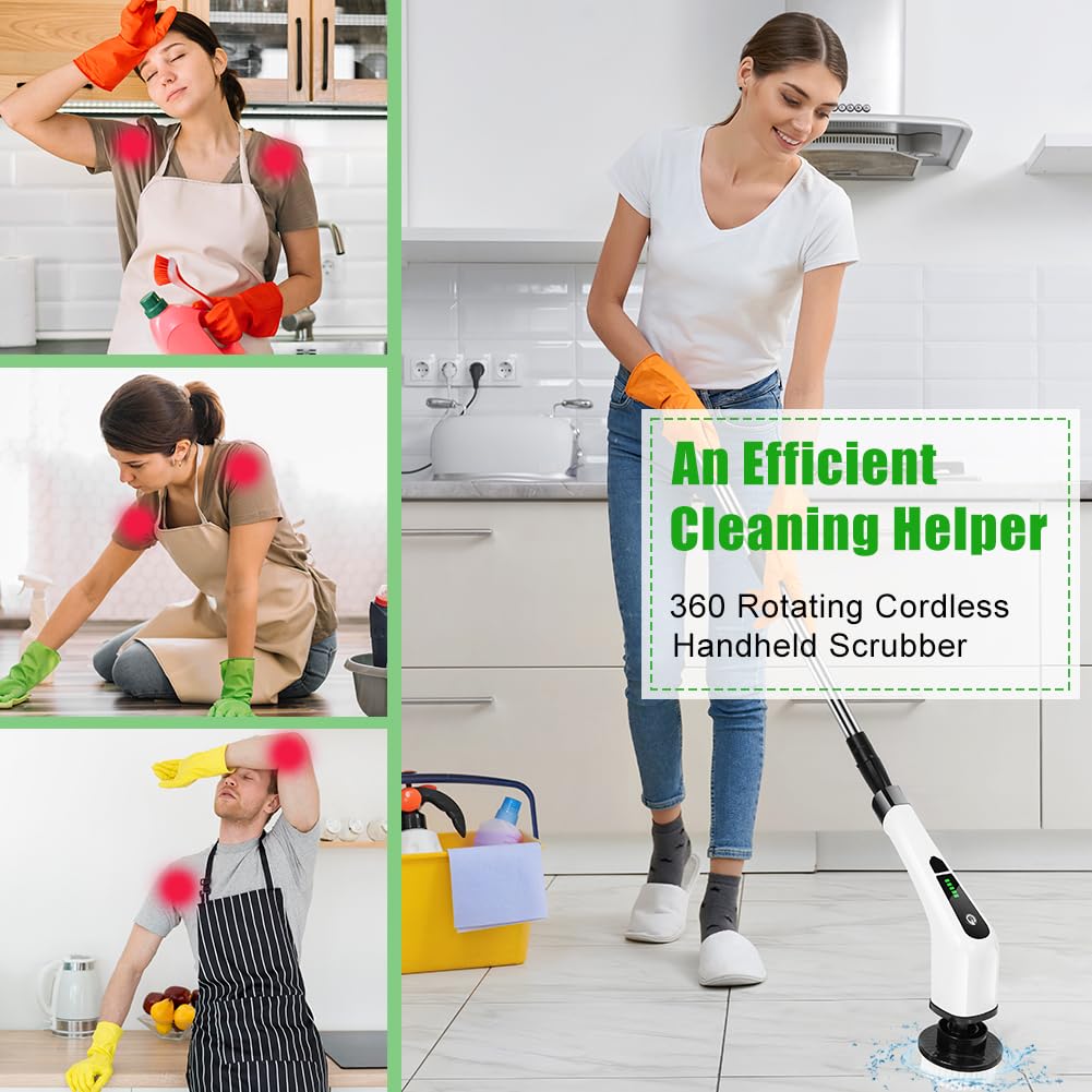 OSDUE Electric Cleaning Brush, 2024 New Electric Spin Scrubber Power Scrubber, Bathroom Cleaning Brush with 7 Replaceable Drill Brush Heads, with 137cm Adjustable Handle, for Tub, Floor.
