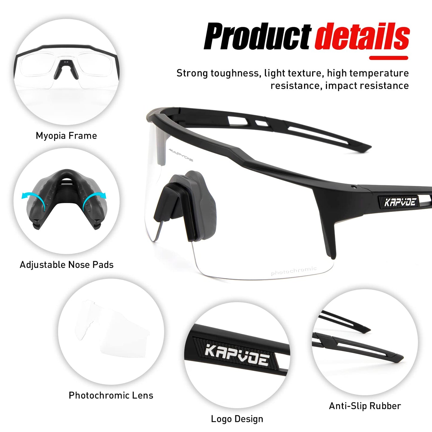 KAPVOE Photochromic Self-Tinting Cycling Glasses TR90 Frame for Men Women Clear Sports Sunglasses Sport Cycling MTB Glasses Driving Sports Baseball Running Clear Black 01