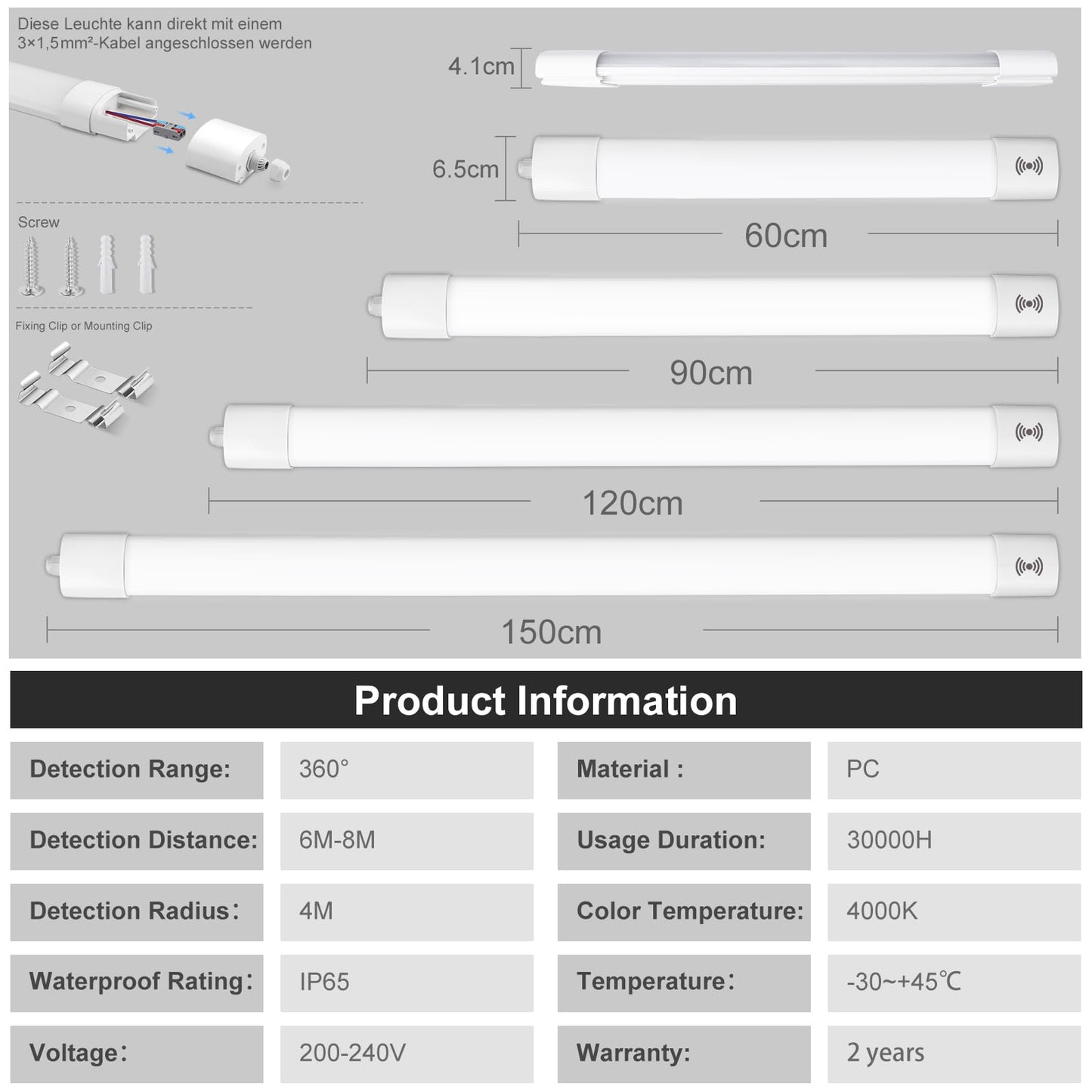 LEOEU 36W LED moisture-proof luminaire with motion sensor, 3950LM 120CM LED tube, IP65 waterproof basement luminaire, ceiling light with motion sensor for office hallway stairs garage storage room, 4000K