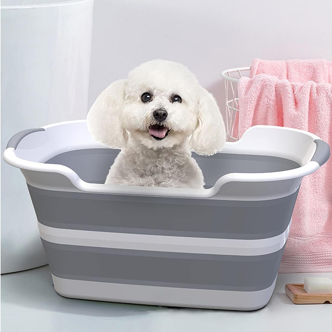 Multifunctional collapsible pet bathtub with drain hole, Portable indoor outdoor foldable laundry tub bathtub for small pets bathing puppies small dogs cats and kids