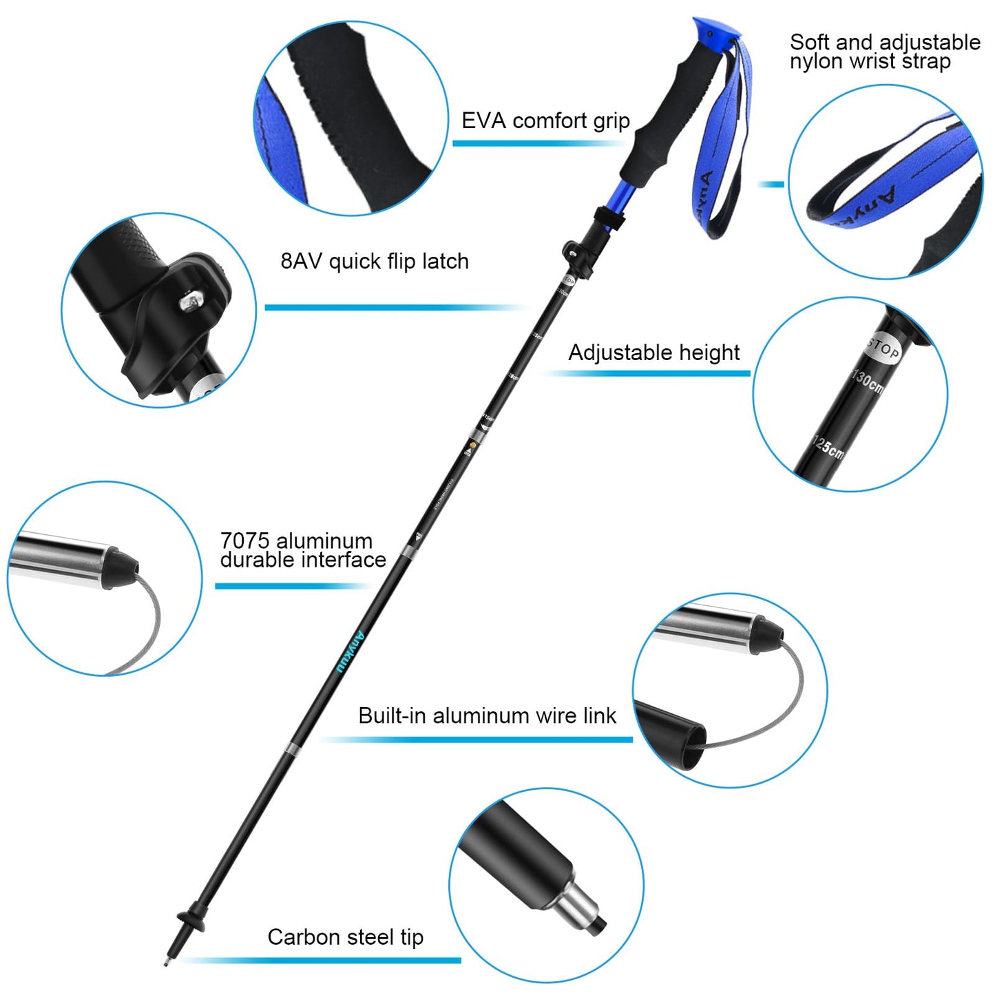 Anykuu hiking poles 2PCS adjustable 110-130cm walking sticks 7075 aluminum ultralight trekking poles with 6 pairs of accessories hiking poles for all terrain walking poles for hiking skiing.