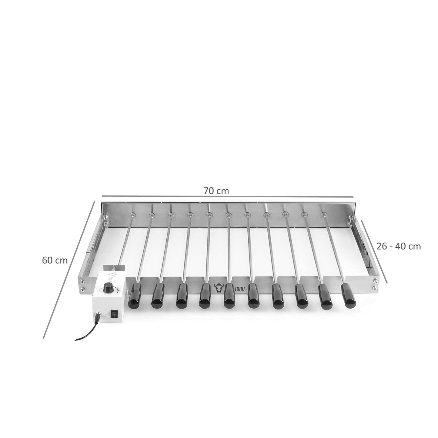 BBQ-Toro electric skewer rotisserie | Stainless steel rotisserie attachment with 11 skewers and motor | adjustable size (W) 70 x (D) 26-40 cm | with plug and USB | Mangal shashlik (front left motor)