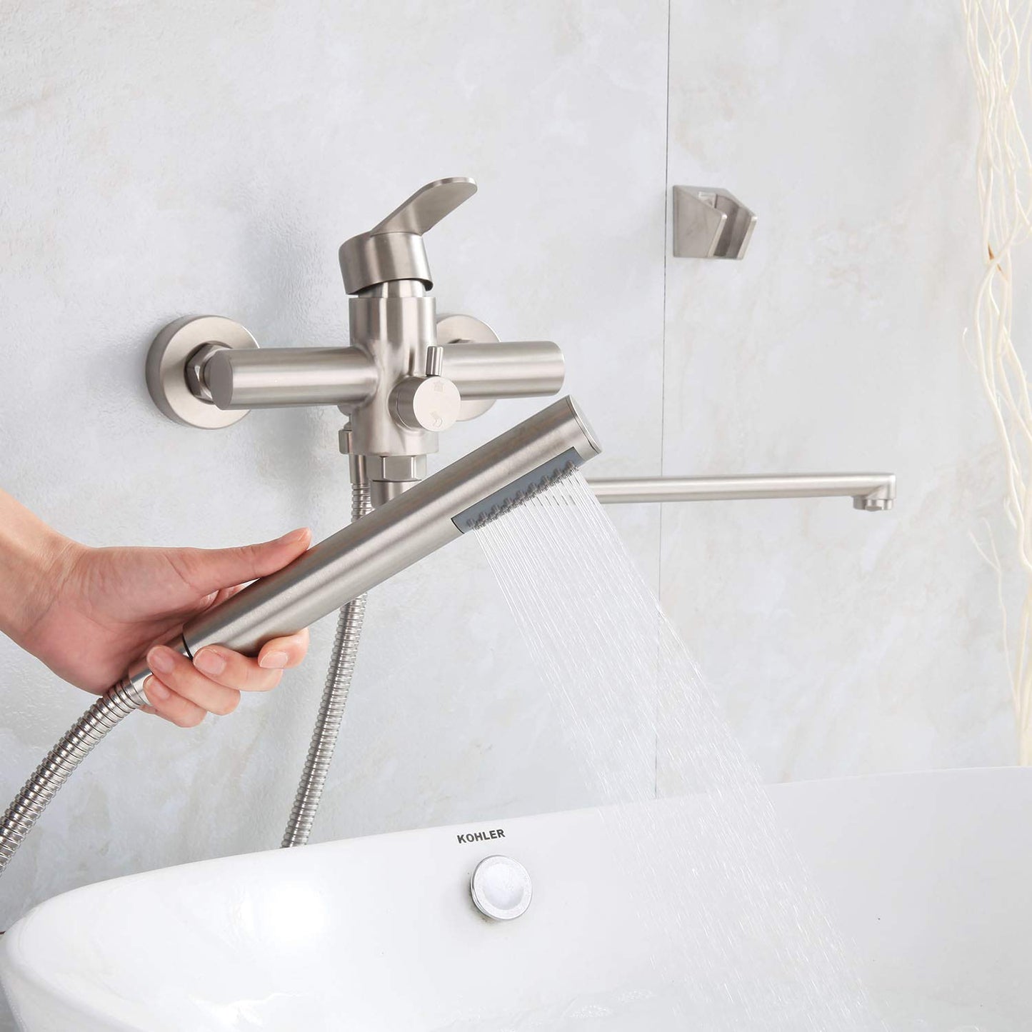 HomeLava bathtub faucet with handheld shower Round single-handle tub faucet bath faucet with shower set shower faucet fixture for shower tub bathroom sink, brushed stainless steel