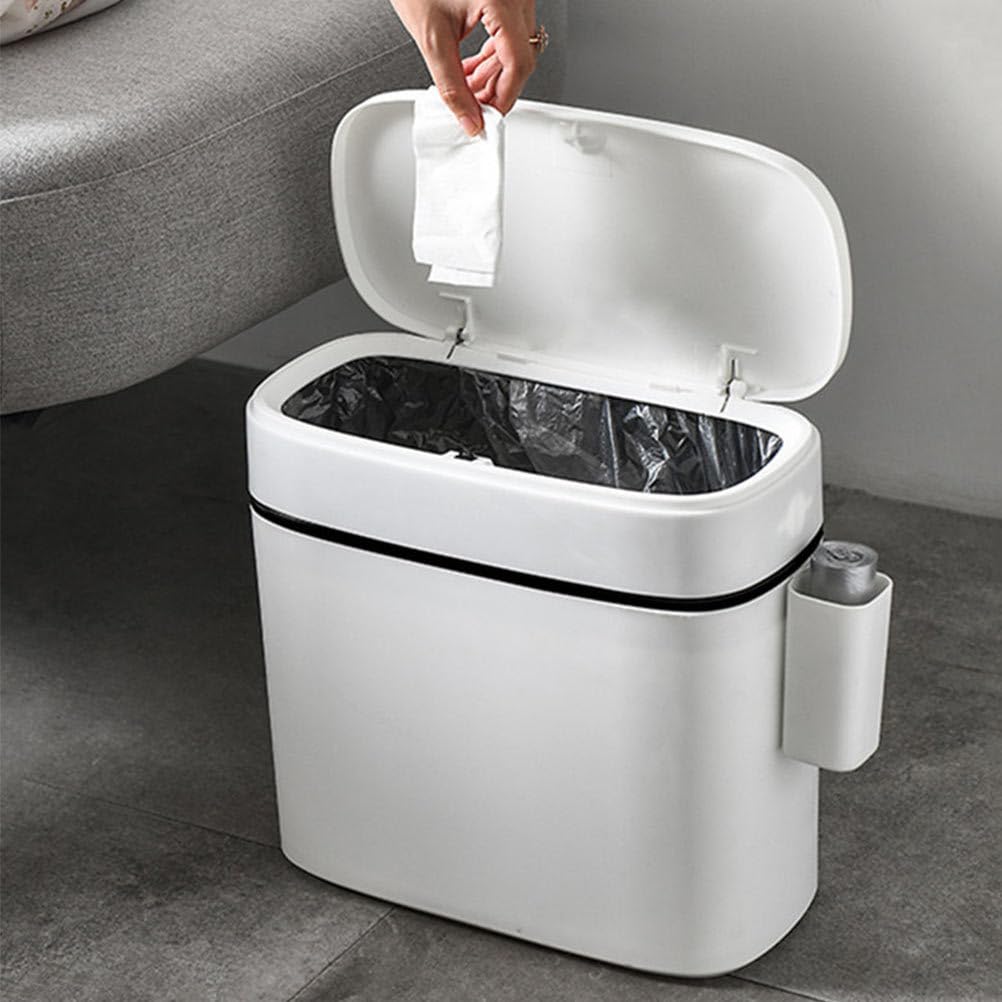 LIFKOME Bathroom Trash Can, 14L Bathroom Trash Can with Lid, Slim Narrow Bedroom Trash Can, Trash Can Press-Type Lid, Waste Bin for Kitchen, Bathroom, Living Room, Office