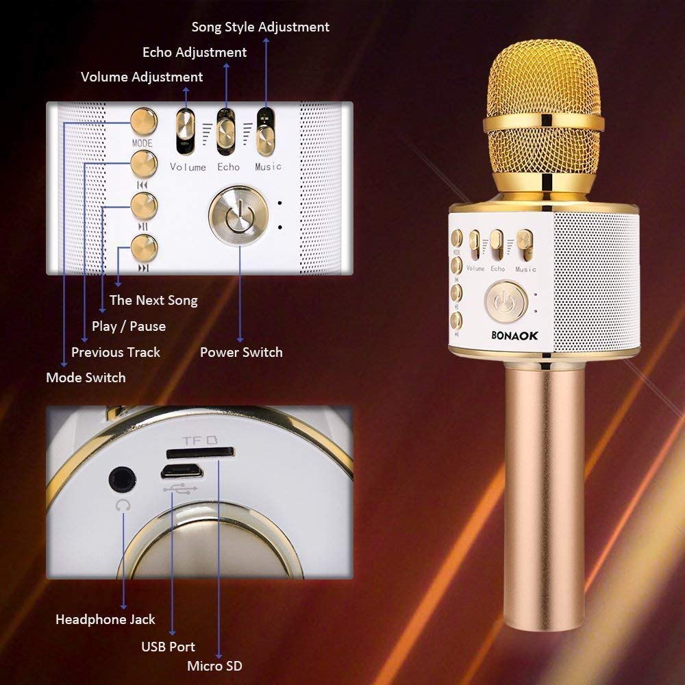 BONAOK Wireless Bluetooth Karaoke Microphone, Portable 3 in 1 Karaoke Handheld Mic Birthday Gift Home Party Auto Karaoke Mic for iPhone/Android/iPad/PC/Smartphone (Light Gold)