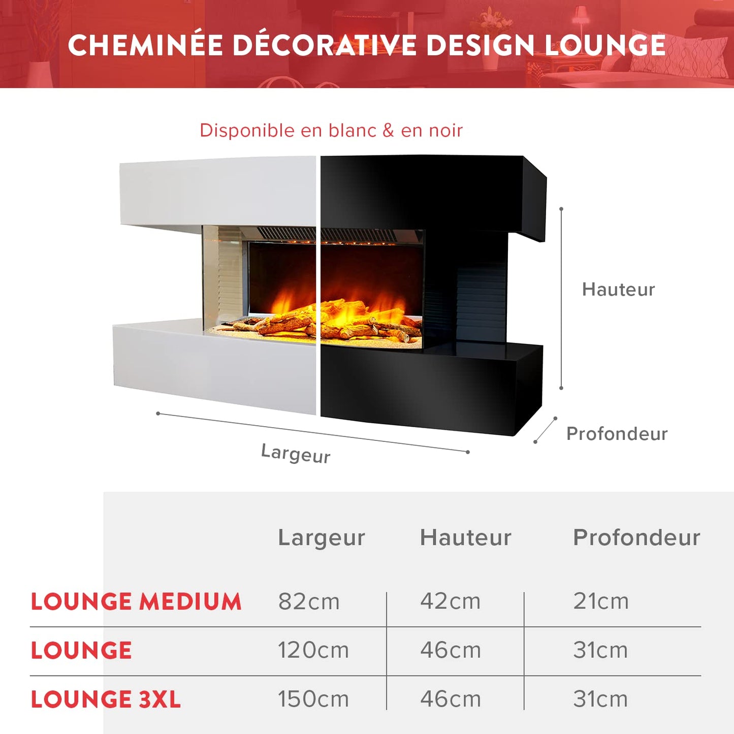 CHEMIN'ARTE Electric Fireplace - Wall Mounted Electric Fireplace - Medium Lounge with 2000W Heating - Black - Fireplace Decor - with Remote Control - LED Flame Effect