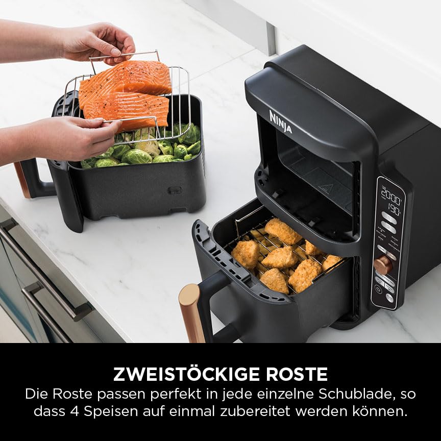 Ninja Double Stack XL Air Fryer, 2 vertical drawers, 4 cooking levels, space-saving design, 9.5L capacity, 6 functions, 8 portions, tongs, Black/Copper SL400EUCP