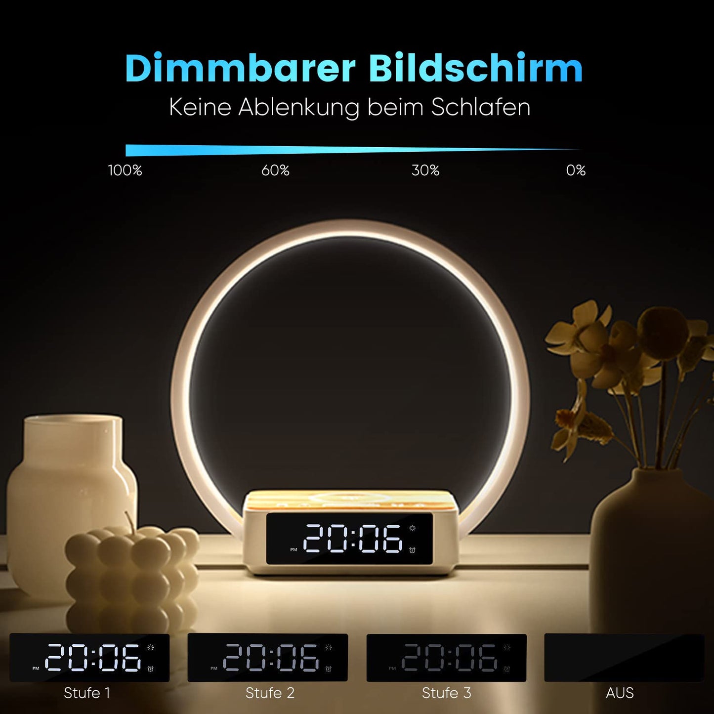 WILIT LED bedside lamp with charging function, light alarm clock with clock, bedside lamps touch dimmer bedroom with 3 brightness levels, 10W wireless charger, wood