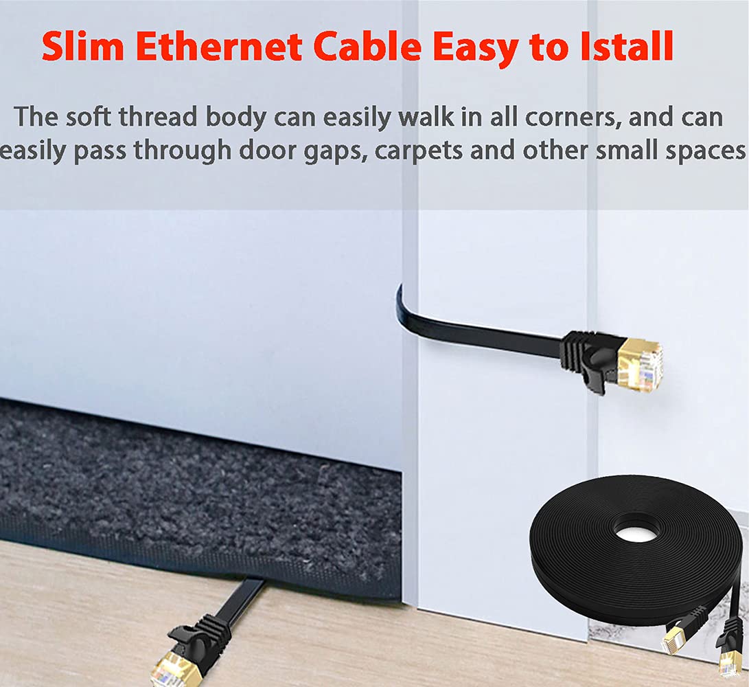 30m Cat 7 LAN Cable 30 meters Flat Outdoor Indoor, S/FTP Network Cable CAT7 30m High Speed 10000Mbps Gigabit Ethernet Cable Waterproof Anti-Interference (30 Clips) - Faster than Cat6/Cat5