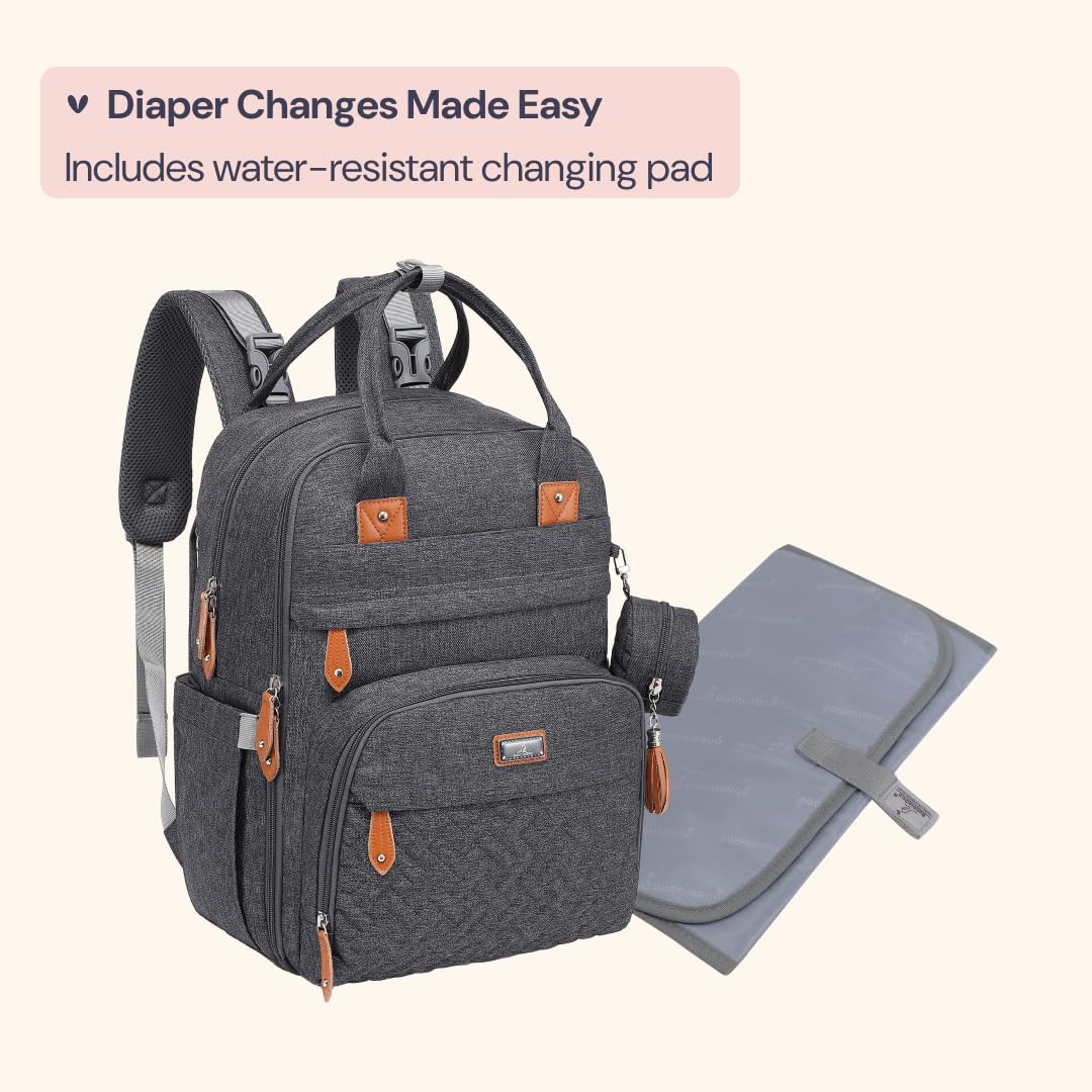 BabbleRoo Diaper Bag Backpack - Large capacity, 17 pockets, water resistant - with changing pad, detachable pacifier holder, stroller straps - Travel backpack for Mom & Dad