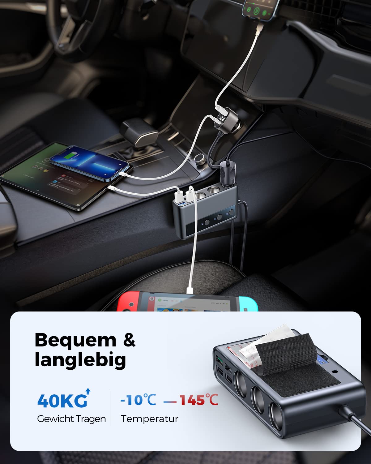 JOYROOM 210W cigarette lighter distributor, 【2025 Upgrade】car charger adapter, 3 way 12V/24V plug charging cable splitter with 36W PD & 5 USB ports for iPhone 17/iPad/Dashcam/GPS/seat heater.