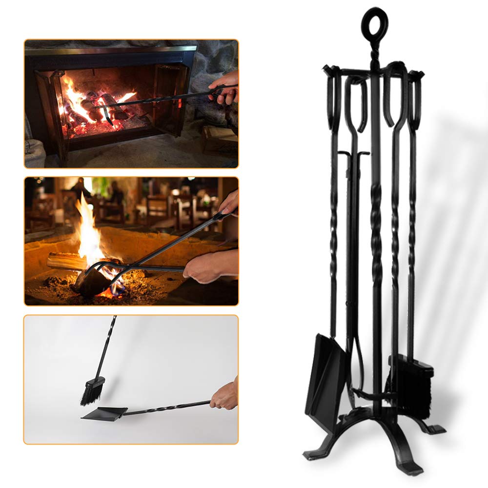 AMAGABELI 32" 5-piece fireplace tool set with wrought iron and interior fireplace accessories fireplace stand tongs shovel ash brush chimney poker black