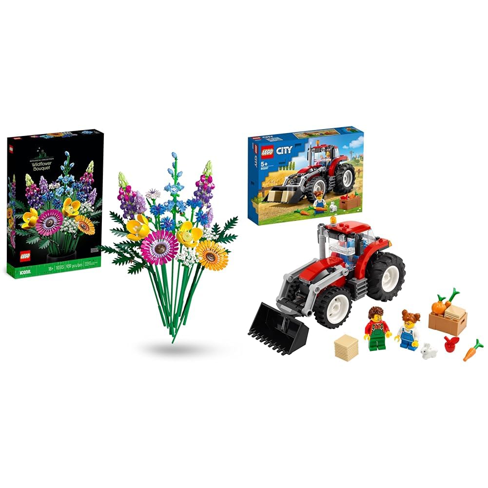 LEGO Icons Wildflower Bouquet set, artificial flowers & City Tractor toy, farm set with minifigures and animal figures, great gift for boys and girls aged 5+ 60287