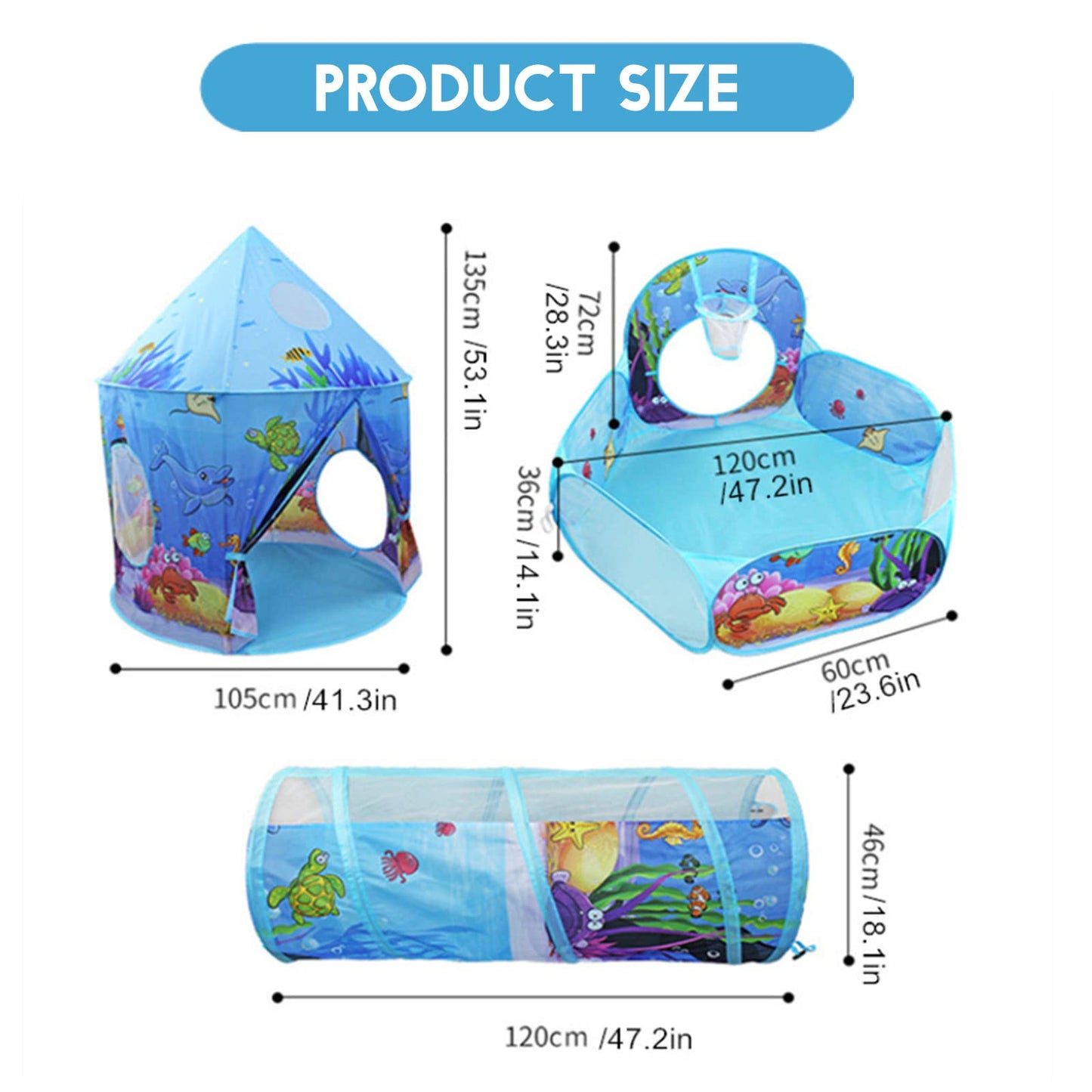 Benebomo 3 in 1 play tent with tunnel, kids tent with tunnel, Blue Ocean children's tent, crawl tunnel with tent, large garden playhouse tent, for girls indoors and outdoors.