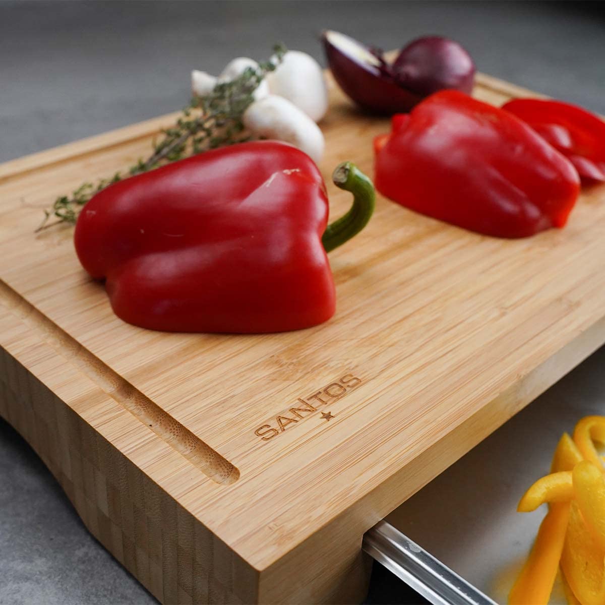 SANTOS Bamboo Cutting Board with Drip Tray - 42.5x7x29cm - Large Serving Tray - Wooden Board for Chopping & Serving - Kitchen Helper - Carving Board