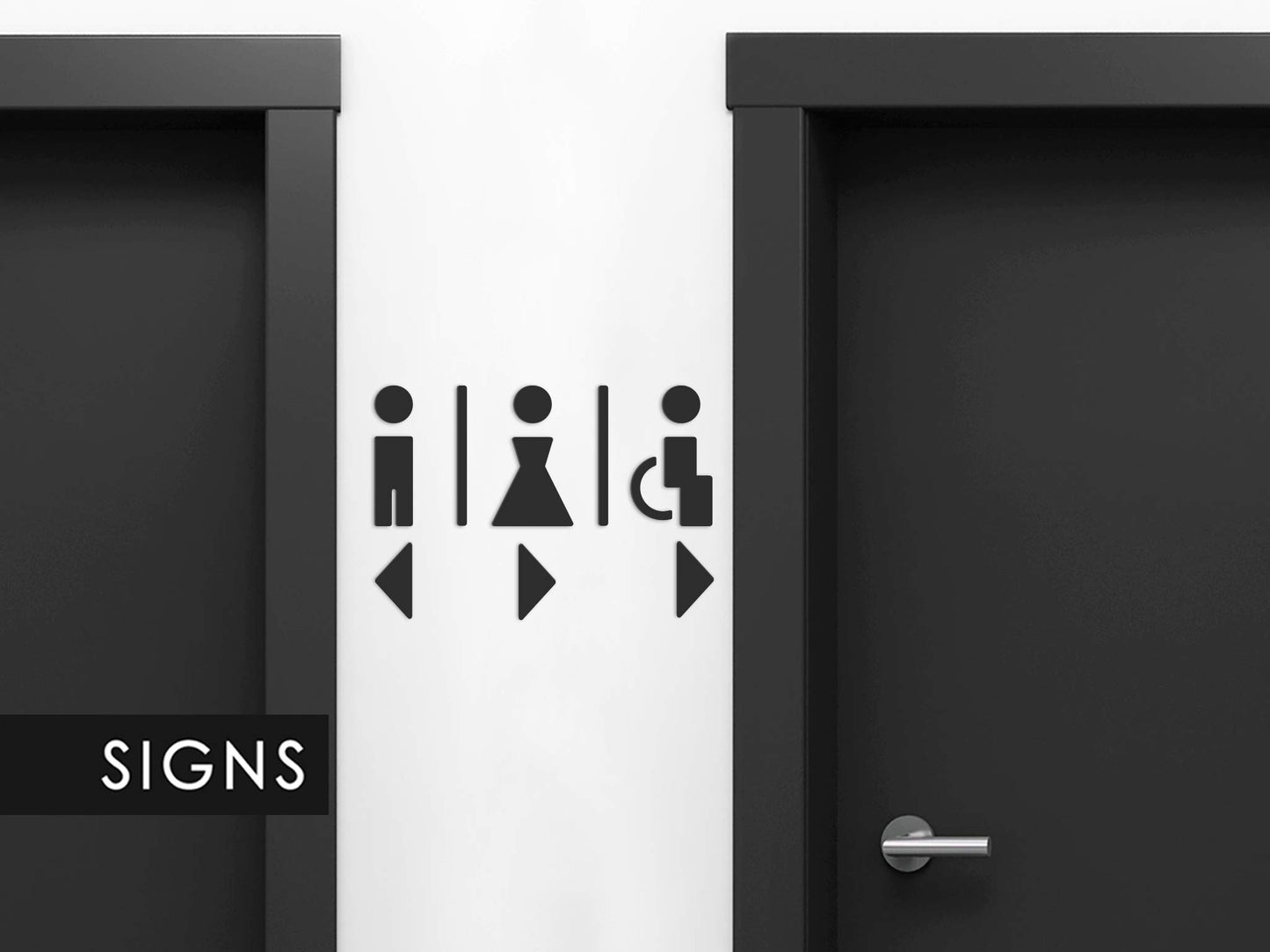 3DP Signs - Embossed Toilet Design Door Sign SA113 Black self-adhesive restroom signs - Modern ladies' restroom sticker bathroom sign for doors - Man, woman, and wheelchair user accessible toilet sign