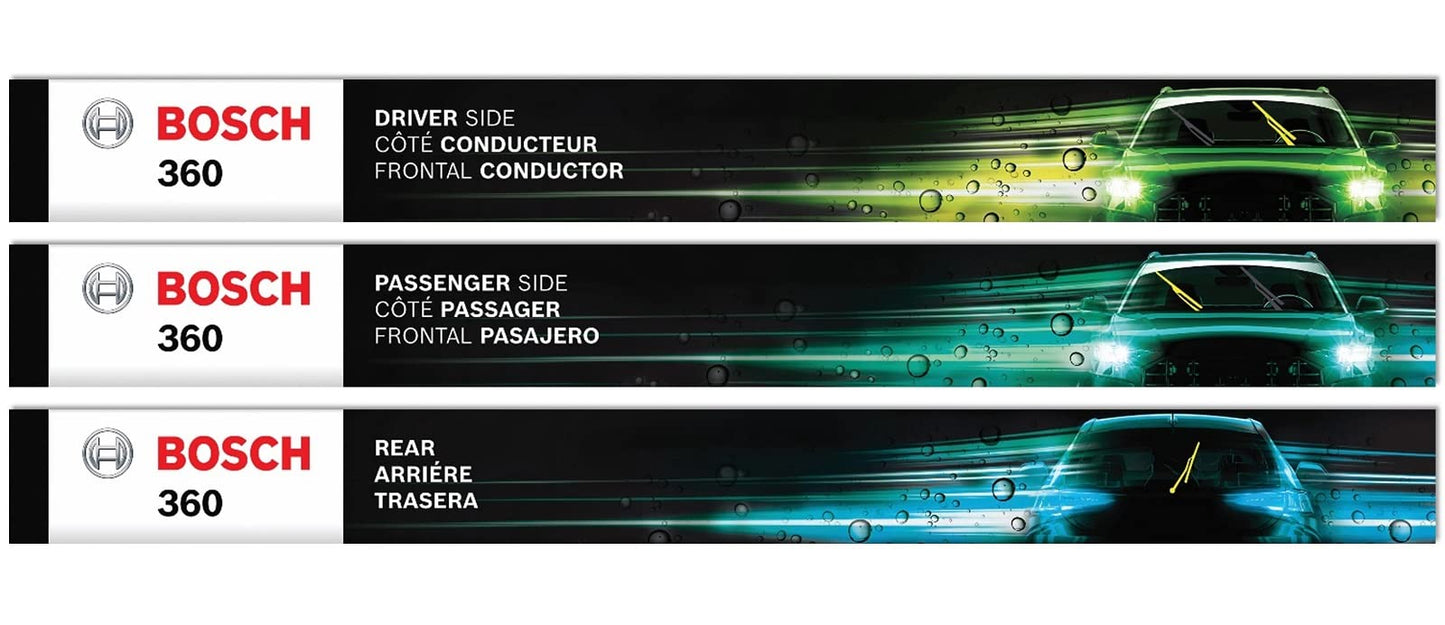 Bosch 360 B36017 Complete Vehicle Wiper Blade Replacement, front wiper blades (pair) and rear wiper blade (1), 26/17/14 inches, (Compatibility with left-hand drive vehicles not guaranteed)