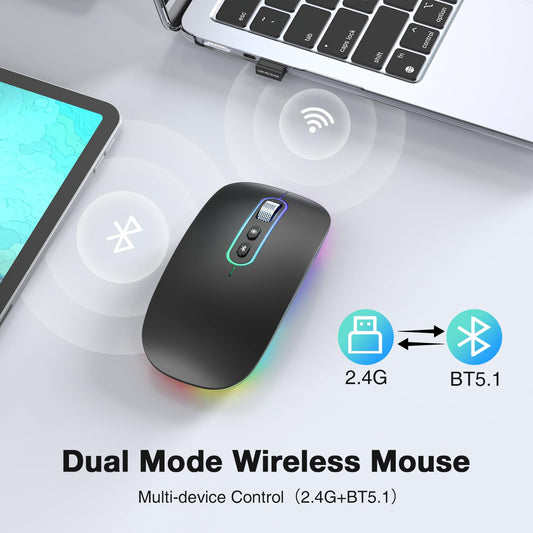 RaceGT Rechargeable Wireless Mouse Bluetooth 5.1 + USB 2.4GHz LED Mouse Wireless Ergonomic Quiet Click 3 Adjustable DPI Level with On/Off Switch, Portable Mouse for Laptop PC Notebook Computer