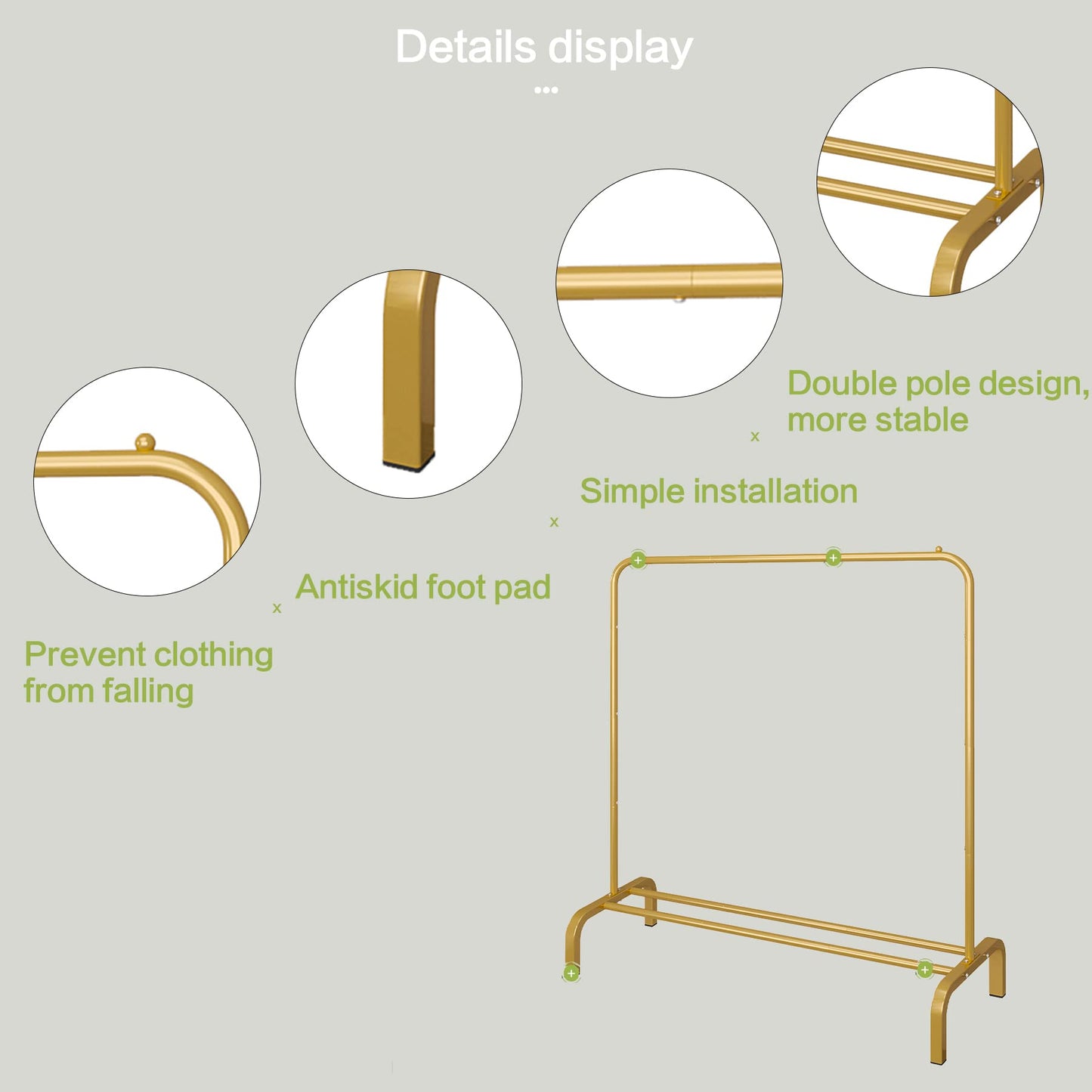 JIUYOTREE Garment Rack 110 cm Metal Clothes Rail Coat Stand with Shelf for Coats, Skirts, Shirts, Sweaters, Gold