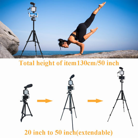 Smartphone video kit, vlogging kit, YouTuber kit, with microphone light tripod, 50 inches, extendable phone clip remote, compatible with iPhone/smartphone/cameras.