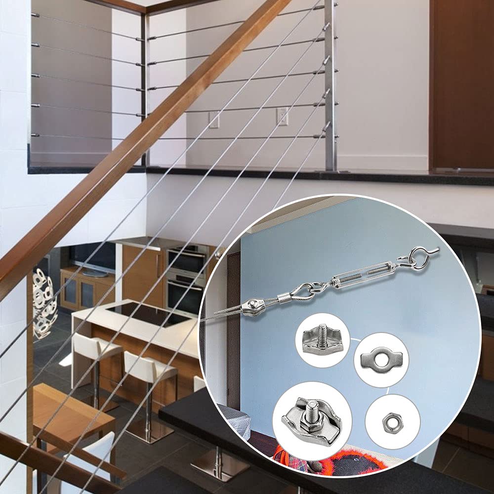 Stainless steel wire rope set with 60pcs, 35m/2mm steel rope for trellis with M5 turnbuckle, eye screw, wire rope clamps, aluminum rope clamps.