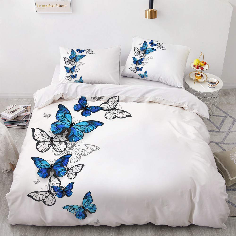 Luowei Butterfly bedding set 155x220cm Blue White Butterfly pattern duvet cover set Microfiber reversible bedding with zipper closure and 2 pillowcases 80 x 80 cm
