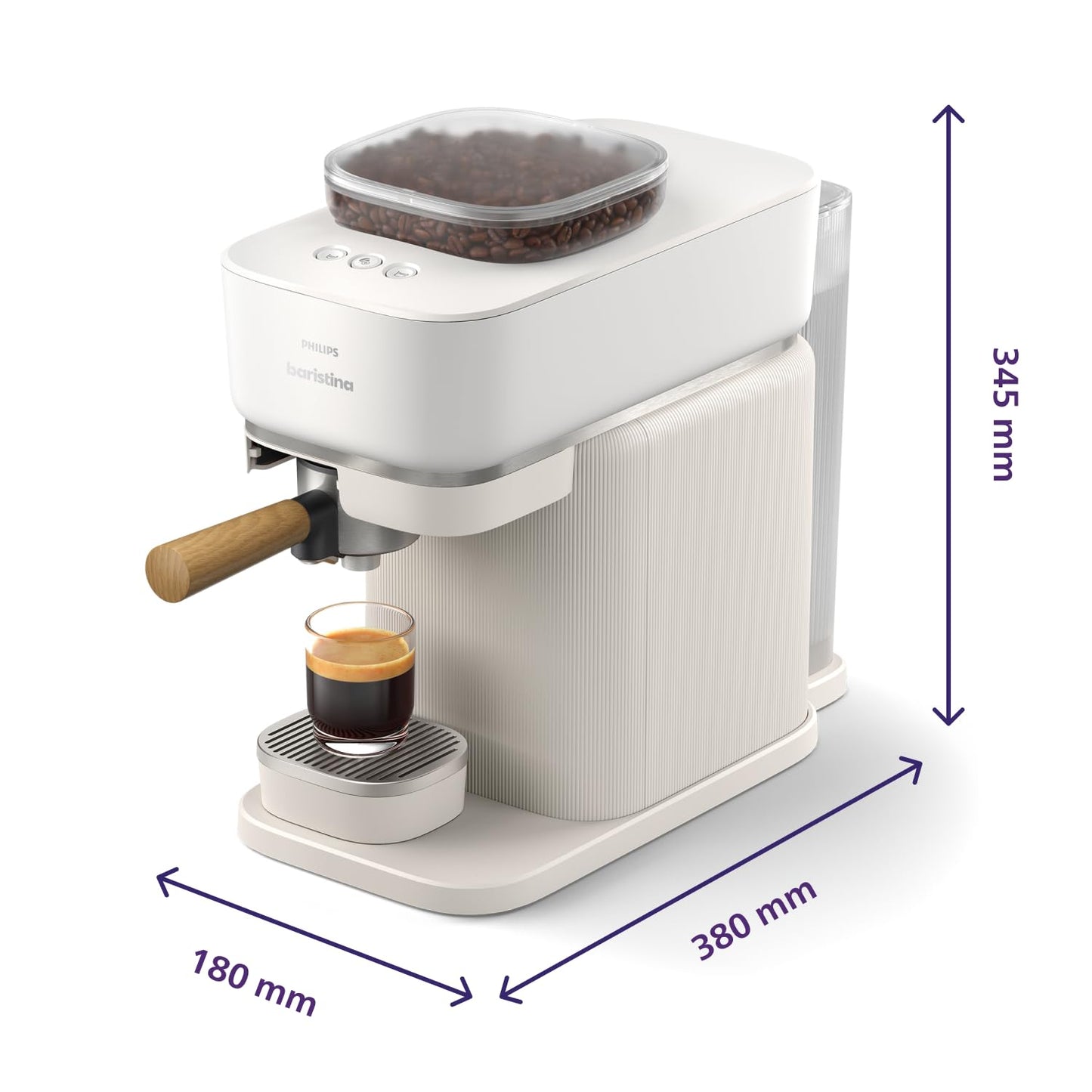 Philips Baristina Espresso Machine - Real Espresso, made simple. Compact coffee machine, natural white with ash wood portafilter, 16-bar pump pressure, automatic grinder, Cafe Crema (BAR302/20)