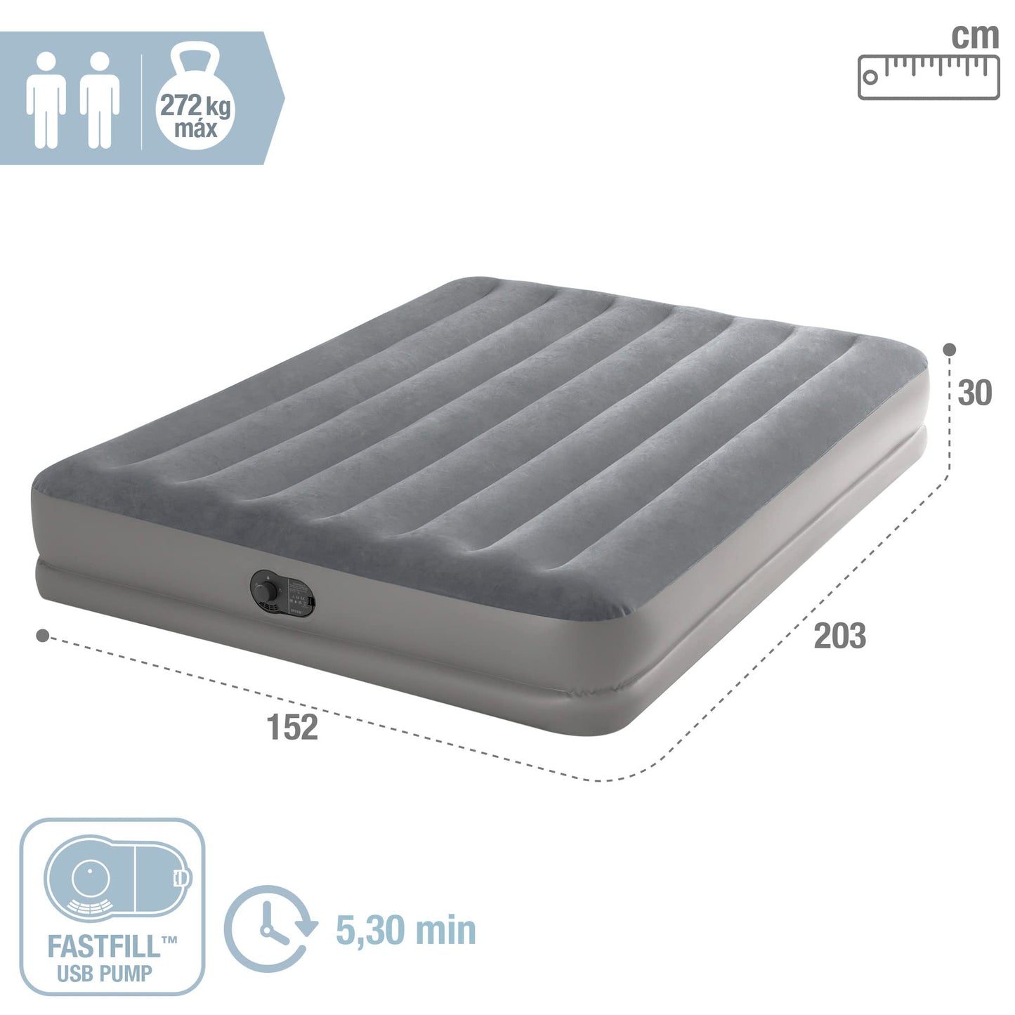 Intex 64114 - Self-Inflating Air Mattress Double Bed Dura-Beam Prestige Mid-Rise, with integrated USB Electric Pump, Suitable for 2 Person, PVC, Gray, 152x203x30 cm