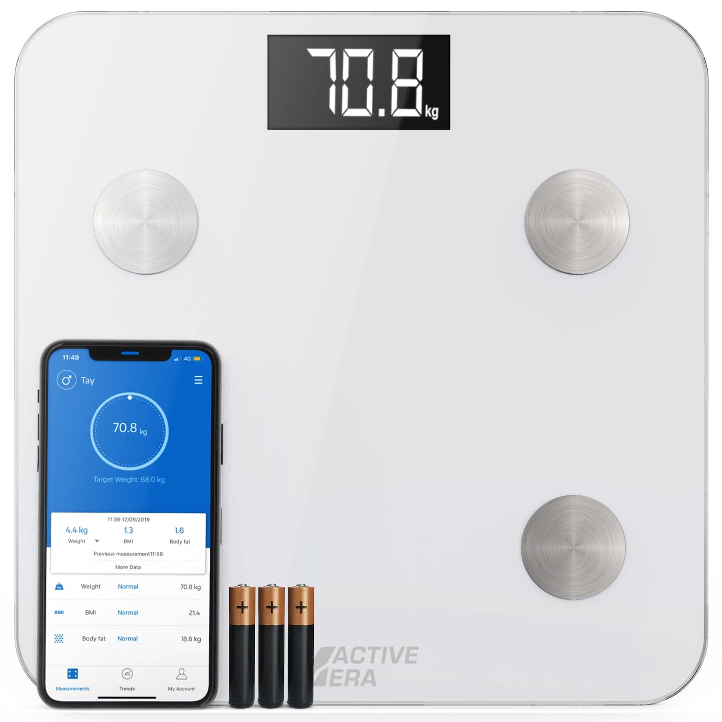 ACTIVE ERA Body Fat Scale - Digital bathroom scale with app - Smart Bluetooth scale for body analysis - Body fat, BMI, weight (max. 180 kg), muscle mass, water, protein, bone weight - White