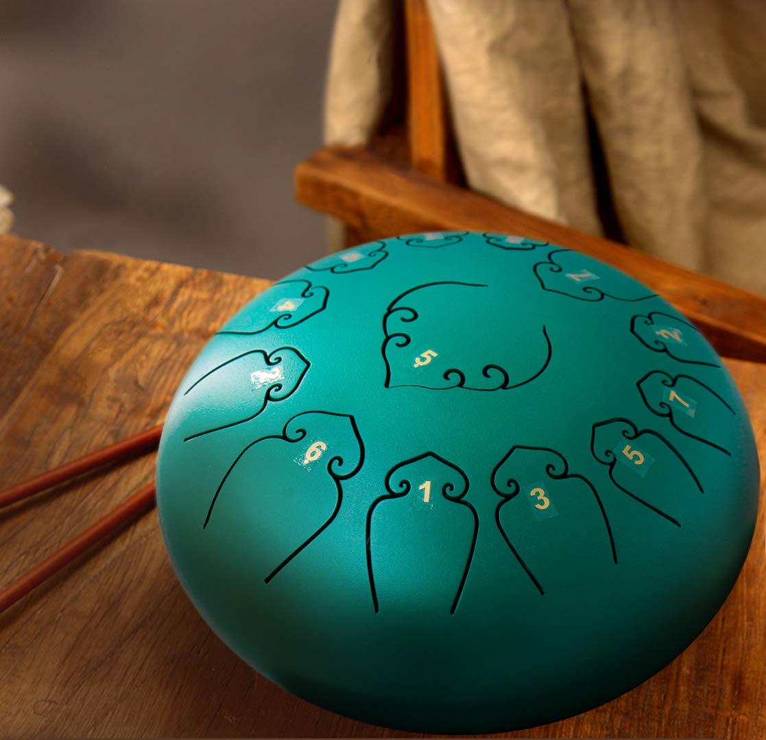 Amkoskr Steel Tongue Drum, 12 inch 30 cm Steel Tongue Drum, C major 13 notes, Hand Drum HandPan Drum with Drumsticks/Carrying Bag (Green)