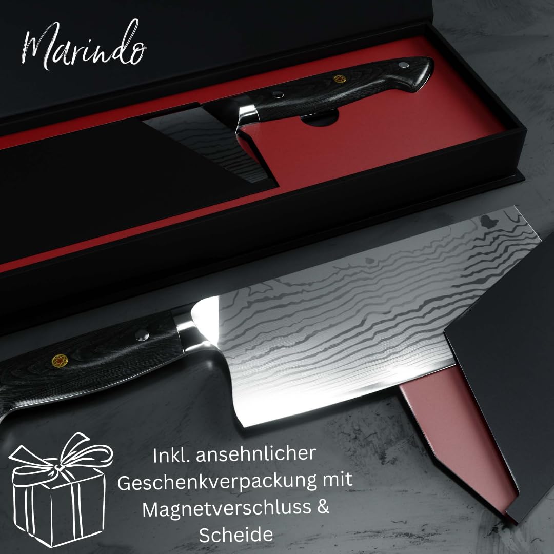 Marindo Chinese chef's knife stainless steel | 18cm blade length | Kitchen cleaver with triple-riveted wooden handle | Chinese cleaver knife | Extremely sharp meat cleaver | Includes gift box