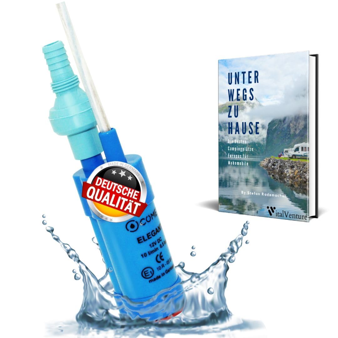 Comet Elegant Water Pump 12V with Check Valve (Fixed) + Filter - Set with Camping Ebook - for Motorhome, Caravan, Submersible Pump