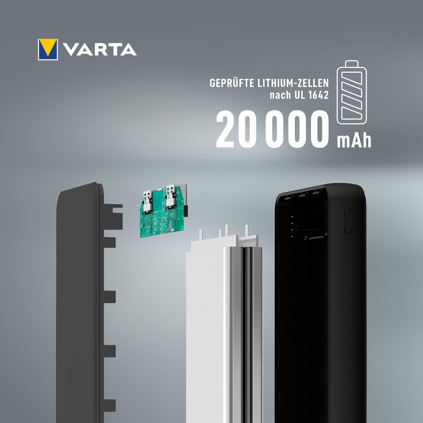 VARTA Power Bank 20000mAh, Power on Demand Powerbank with 4 ports (1x Micro USB, 2x USB A, 1x USB C), compatible with tablets & smartphones, in environmentally friendly packaging.