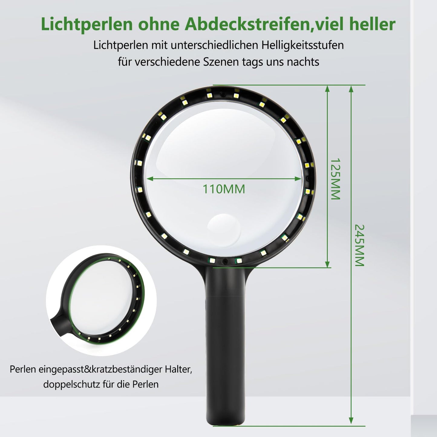 LED Lighted Magnifying Glass - Reading magnifier with light for seniors Large 3 light modes USB rechargeable Illuminated magnifying glass with 20 LEDs Lightweight Magnifying glass with eyeglass cloth Handheld magnifier for visual impairment (Black)